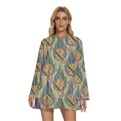 Tribal Background Boho Batik Round Neck Long Sleeve Bohemian Style Chiffon Mini Dress