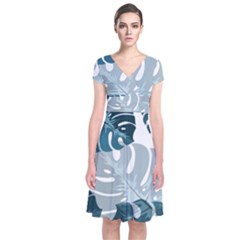 Monstera Leaves Background Short Sleeve Front Wrap Dress