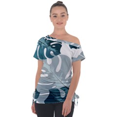 Monstera Leaves Background Off Shoulder Tie-up T-shirt