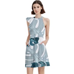 Monstera Leaves Background Cocktail Party Halter Sleeveless Dress With Pockets