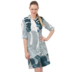 Monstera Leaves Background Long Sleeve Mini Shirt Dress