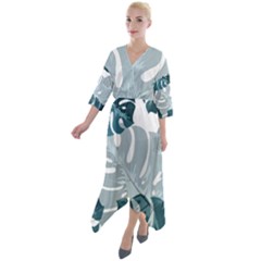 Monstera Leaves Background Quarter Sleeve Wrap Front Maxi Dress