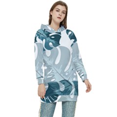 Monstera Leaves Background Women s Long Oversized Pullover Hoodie