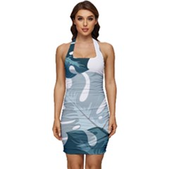 Monstera Leaves Background Sleeveless Wide Square Neckline Ruched Bodycon Dress