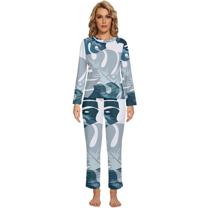 Monstera Leaves Background Womens  Long Sleeve Lightweight Pajamas Set