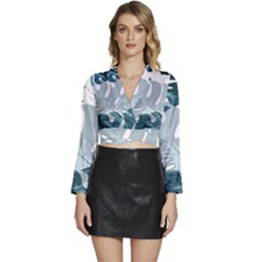 Monstera Leaves Background Long Sleeve Tie Back Satin Wrap Top