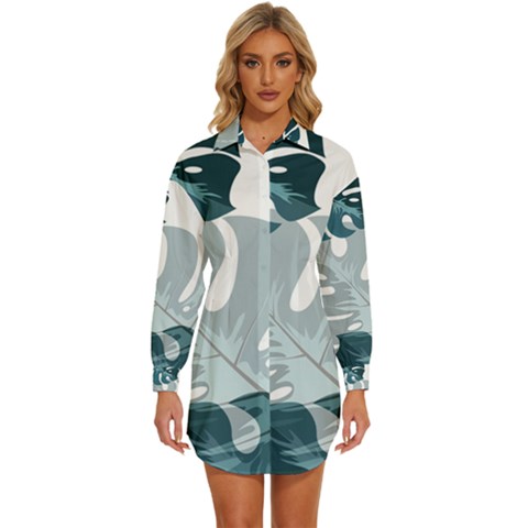 Monstera Leaves Background Womens Long Sleeve Shirt Dress by anzea