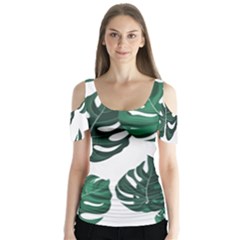 Illustrations Monstera Leafes Butterfly Sleeve Cutout T-shirt 