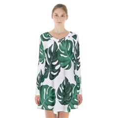 Illustrations Monstera Leafes Long Sleeve Velvet V-neck Dress