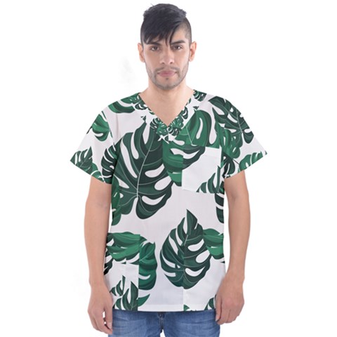 Illustrations Monstera Leafes Men s V-neck Scrub Top by anzea