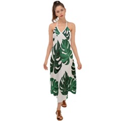 Illustrations Monstera Leafes Halter Tie Back Dress 