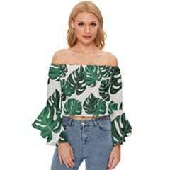 Illustrations Monstera Leafes Off Shoulder Flutter Bell Sleeve Top