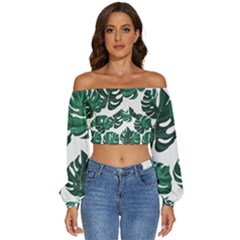 Illustrations Monstera Leafes Long Sleeve Crinkled Weave Crop Top