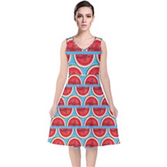 Illustrations Watermelon Texture Pattern V-neck Midi Sleeveless Dress 