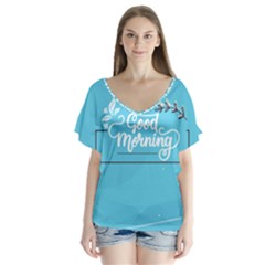 Background Good Morning V-neck Flutter Sleeve Top