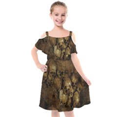 Skull Texture Vintage Kids  Cut Out Shoulders Chiffon Dress