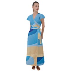 Illustrations Waves Line Rainbow Flutter Sleeve Maxi Dress