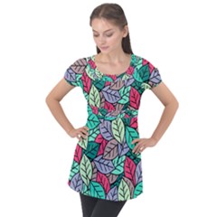 Pattern Leaves Background Nature Puff Sleeve Tunic Top by Proyonanggan