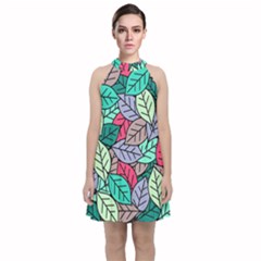 Pattern Leaves Background Nature Velvet Halter Neckline Dress 