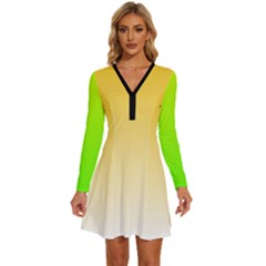 Gradient  Green, Yellow Long Sleeve Deep V Mini Dress 