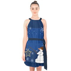 Snowman Halter Collar Waist Tie Chiffon Dress