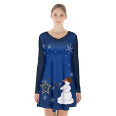 Snowman Long Sleeve Velvet V-neck Dress