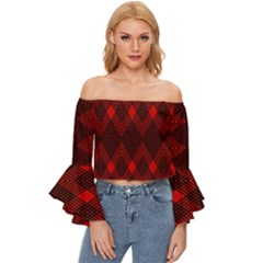 Muster Rot Schwarz Off Shoulder Flutter Bell Sleeve Top