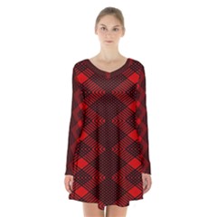 Pattern Black Red Long Sleeve Velvet V-neck Dress