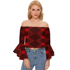 Pattern Black Red Off Shoulder Flutter Bell Sleeve Top