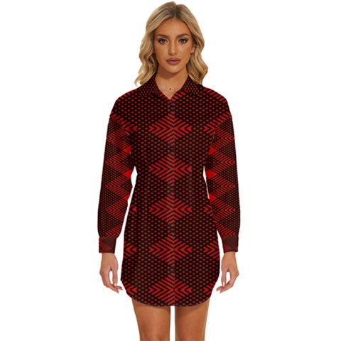 Pattern Black Red Womens Long Sleeve Shirt Dress by 2607694c