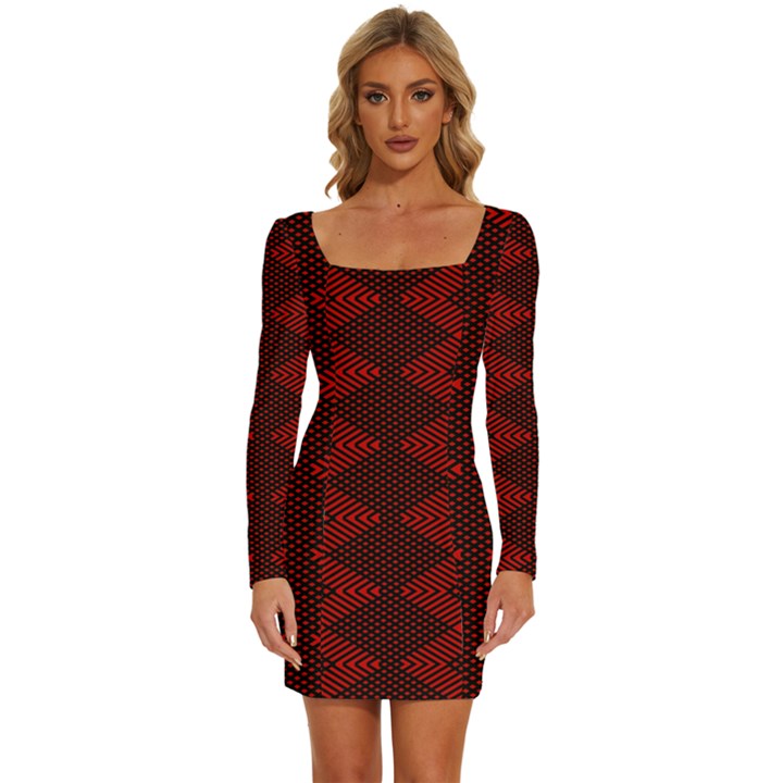 pattern black red Long Sleeve Square Neck Bodycon Velvet Dress