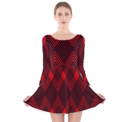 Pattern Red Black, Long Sleeve Velvet Skater Dress