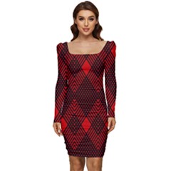 Pattern Red Black, Women Long Sleeve Ruched Stretch Jersey Dress by 2607694c