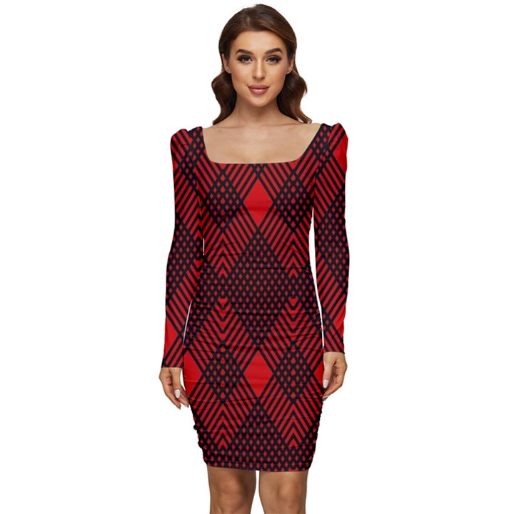 pattern red black, Women Long Sleeve Ruched Stretch Jersey Dress