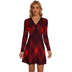 Pattern Red Black, Long Sleeve Deep V Mini Dress 