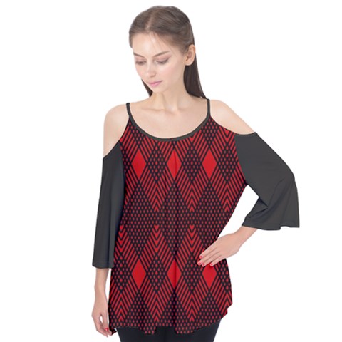 Pattern, Red, Black,  Flutter Sleeve T-shirt by 2607694c