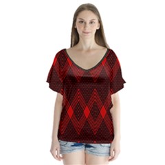 Pattern, Red, Black,  V-neck Flutter Sleeve Top by 2607694c