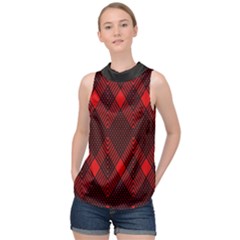 Pattern, Red, Black,  High Neck Satin Top by 2607694c