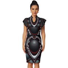 fractal eye Vintage Frill Sleeve V-Neck Bodycon Dress