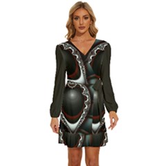 fractal eye Long Sleeve Waist Tie Ruffle Velvet Dress