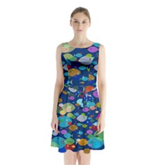 Illustrations Sea Fish Swimming Colors Sleeveless Waist Tie Chiffon Dress