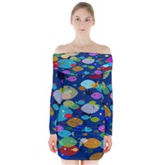 Illustrations Sea Fish Swimming Colors Long Sleeve Off Shoulder Dress