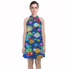 Illustrations Sea Fish Swimming Colors Velvet Halter Neckline Dress 