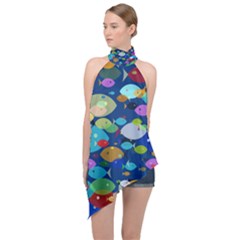 Illustrations Sea Fish Swimming Colors Halter Asymmetric Satin Top