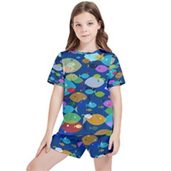 Illustrations Sea Fish Swimming Colors Kids  T-shirt And Sports Shorts Set