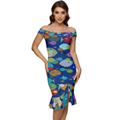 Illustrations Sea Fish Swimming Colors Off Shoulder Ruffle Split Hem Bodycon Dress by anzea