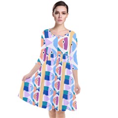 Illustrations Of Fish Texture Modulate Sea Pattern Quarter Sleeve Waist Band Dress