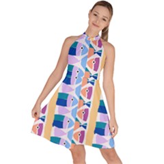 Illustrations Of Fish Texture Modulate Sea Pattern Sleeveless Halter Neck A-line Dress