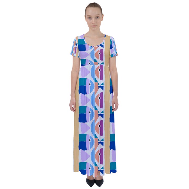 Illustrations Of Fish Texture Modulate Sea Pattern High Waist Short Sleeve Maxi Dress