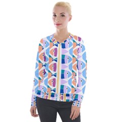 Illustrations Of Fish Texture Modulate Sea Pattern Velvet Zip Up Jacket